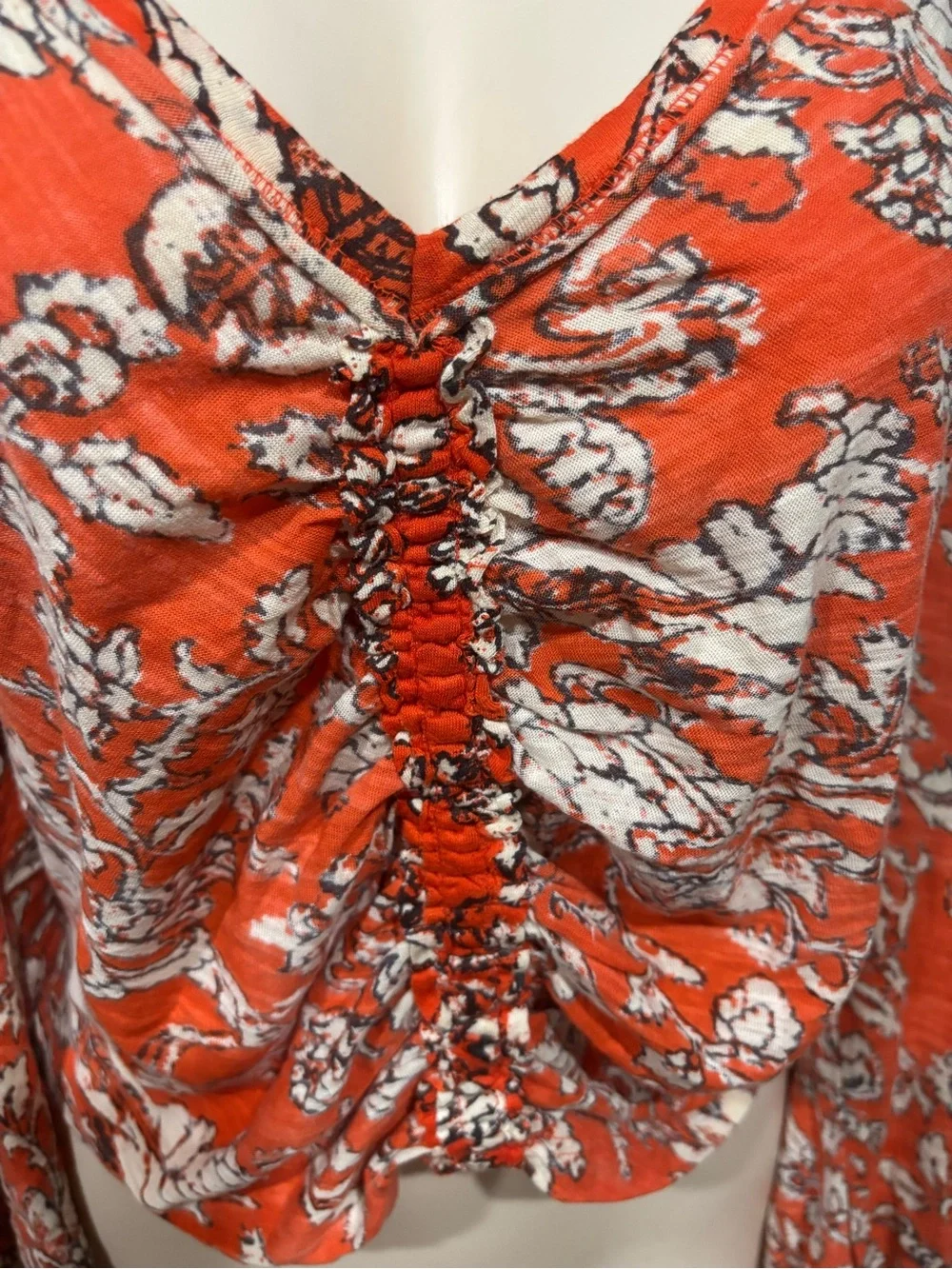 Free People Rust Floral Ruched V-Neck Blouse